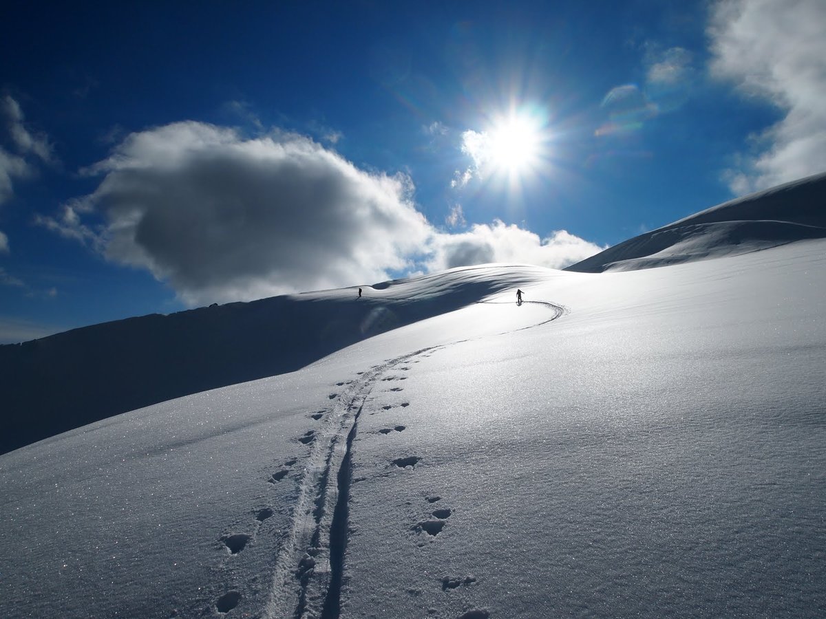 Ski tour into cold sun